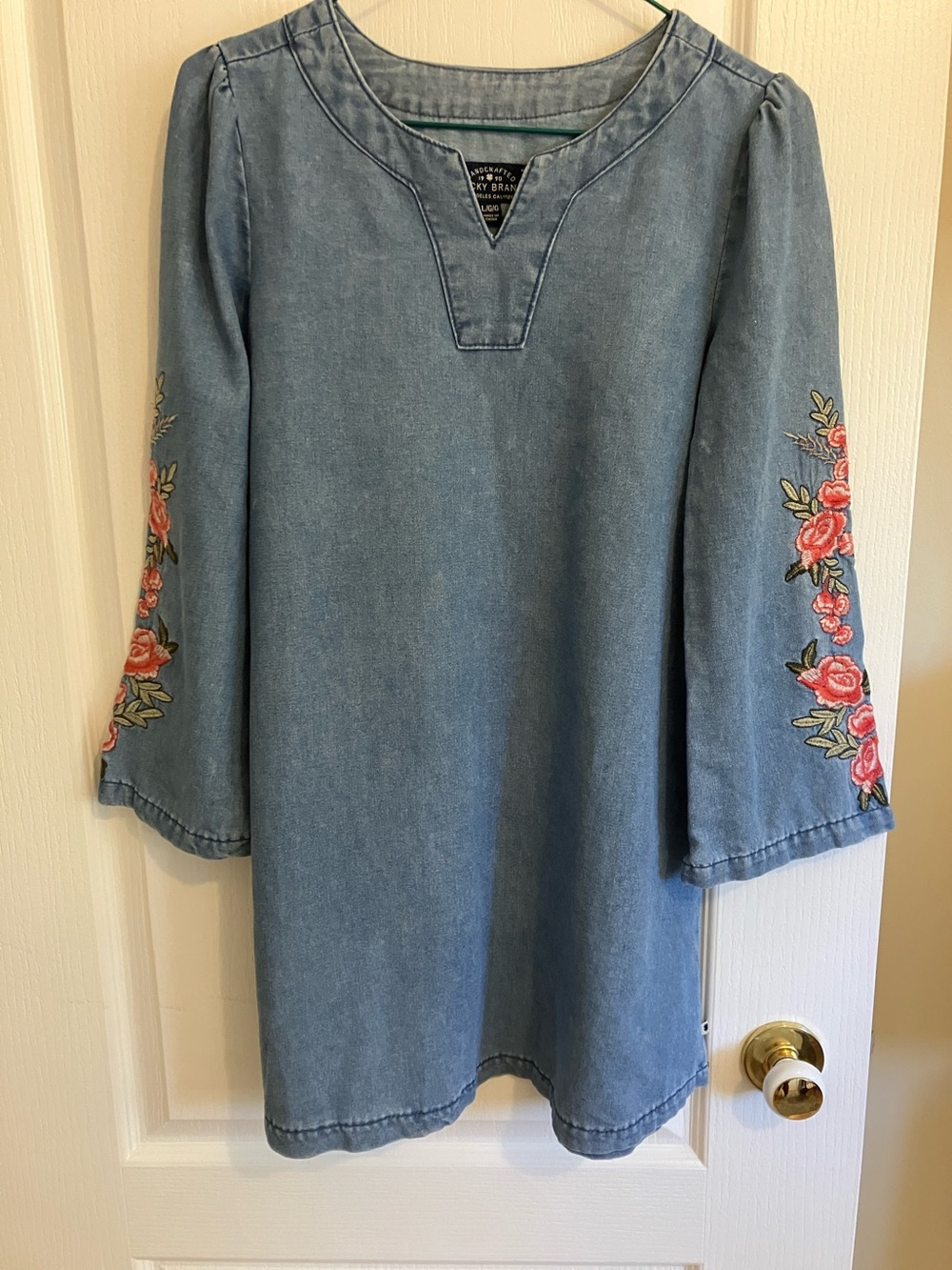 Lucky Brand Light Blue Demim Embroidered Sleeve Tunic Top